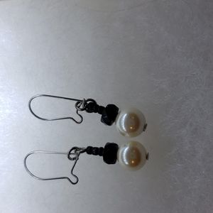 Pearl and black stone drop earrings